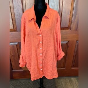 Sigrid Olsen Womens 100% Linen Button-Up Shirt Coral Roll-Tab Sleeves Sz 3x